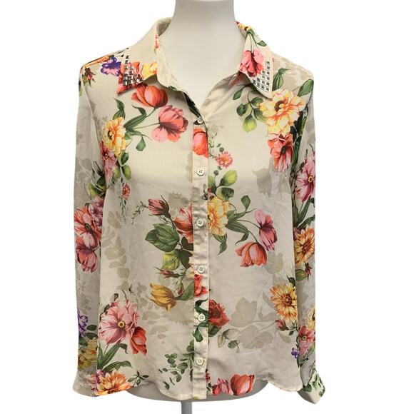 Forever 21 Womens Large Sheer Lightweight Floral Button Down Long Sleeve Blouse - Picture 1 of 6
